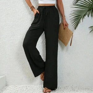 Black Casual Women's Drawstring Waist Wide Leg Pants